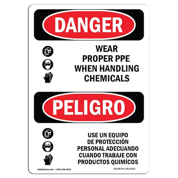 OSHA Sign, Wear PPE Handling Chemical Bilingual, 18in X 12in Decal, 12" W, 18" H, Spanish